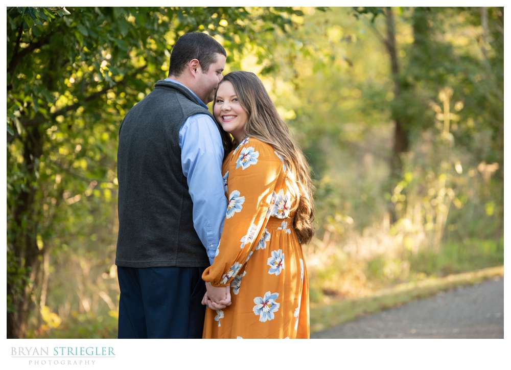 engagement photo with bright dress